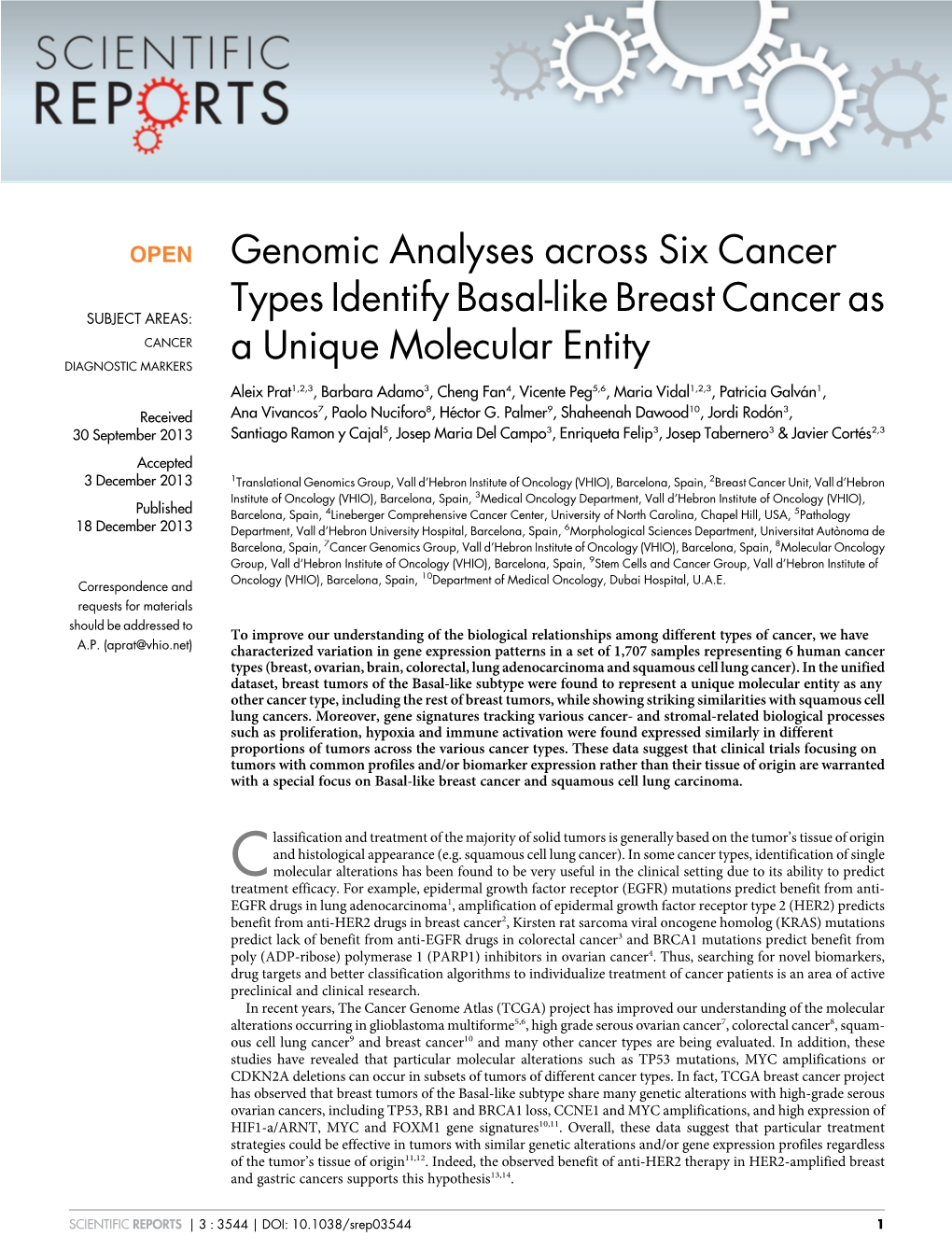 Genomic Analyses Across Six Cancer Types Identify Basal-Like Breast Cancer As a Unique Molecular Entity