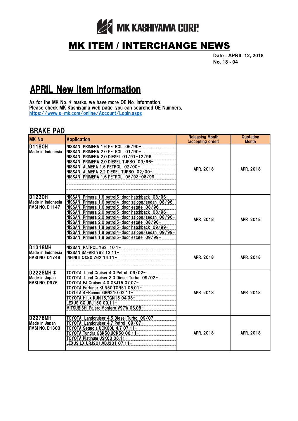 APRIL New Item Information MK ITEM / INTERCHANGE NEWS
