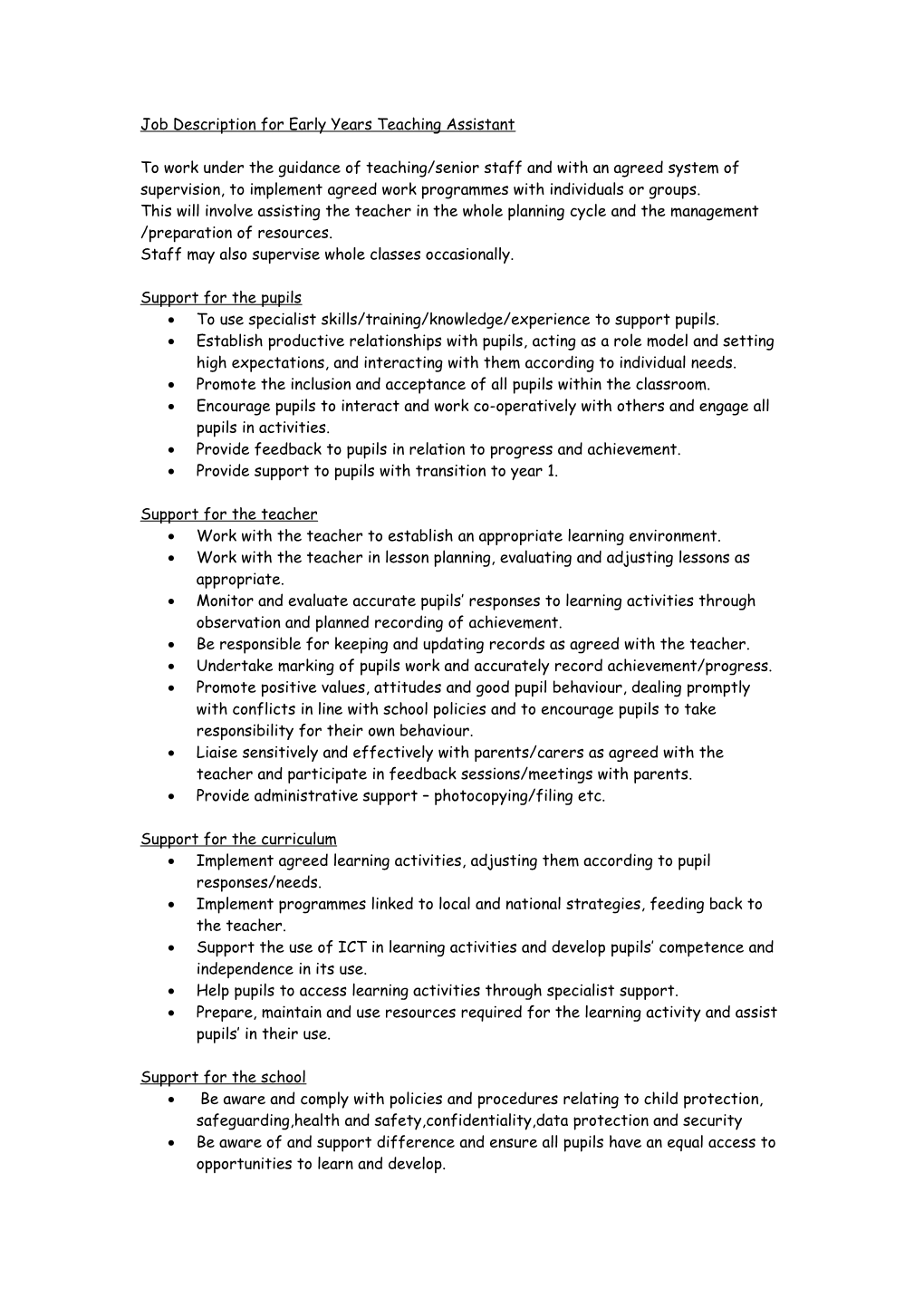 Job Description for Level 2 Teaching Assistant