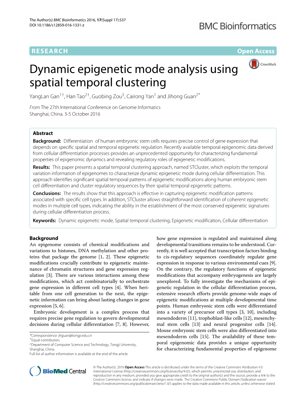 Dynamic Epigenetic Mode Analysis Using Spatial Temporal Clustering Yanglan Gan1†,Hantao2†, Guobing Zou3,Cairongyan1 and Jihong Guan2*