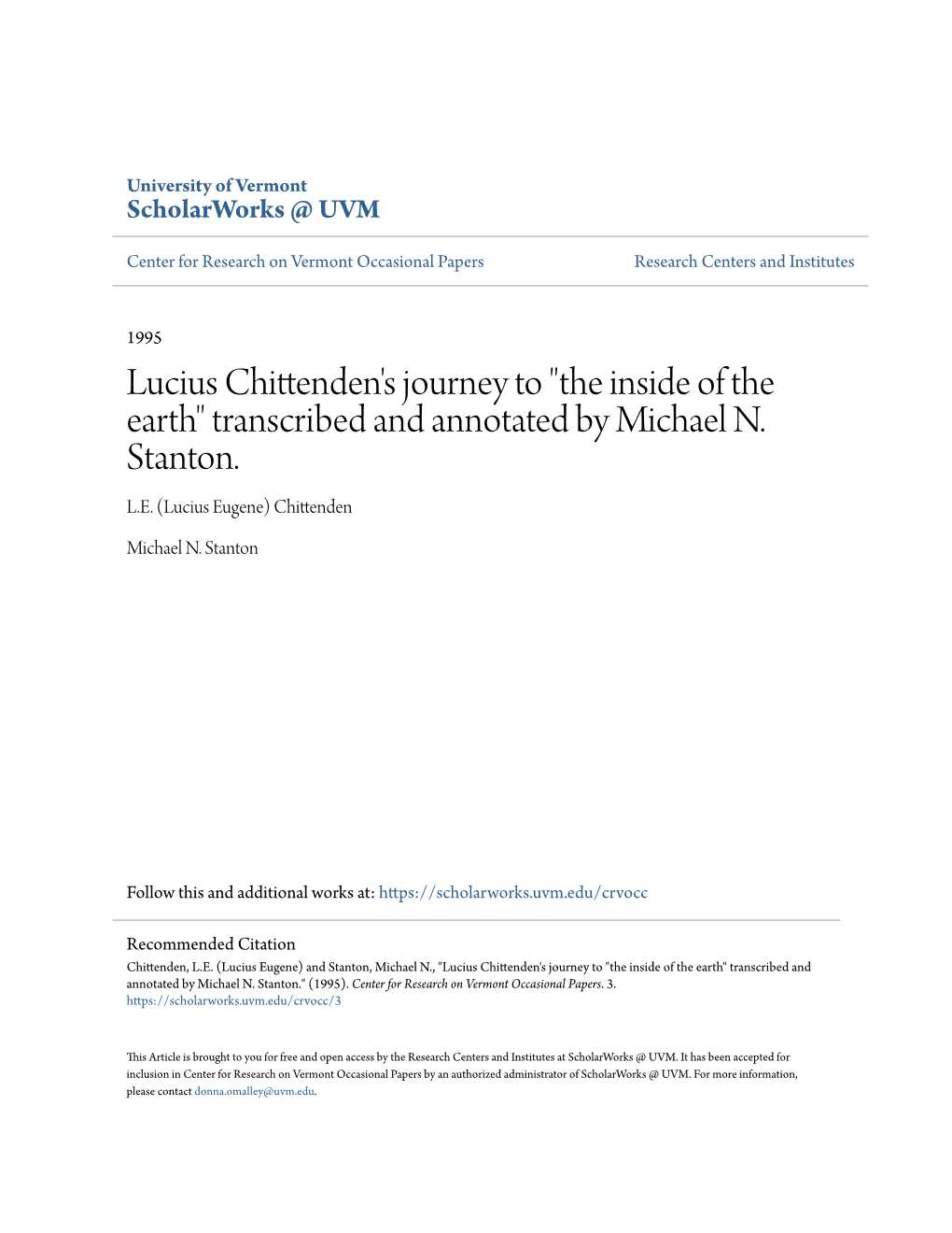 Lucius Chittenden's Journey to "The Inside of the Earth" Transcribed and Annotated by Michael N