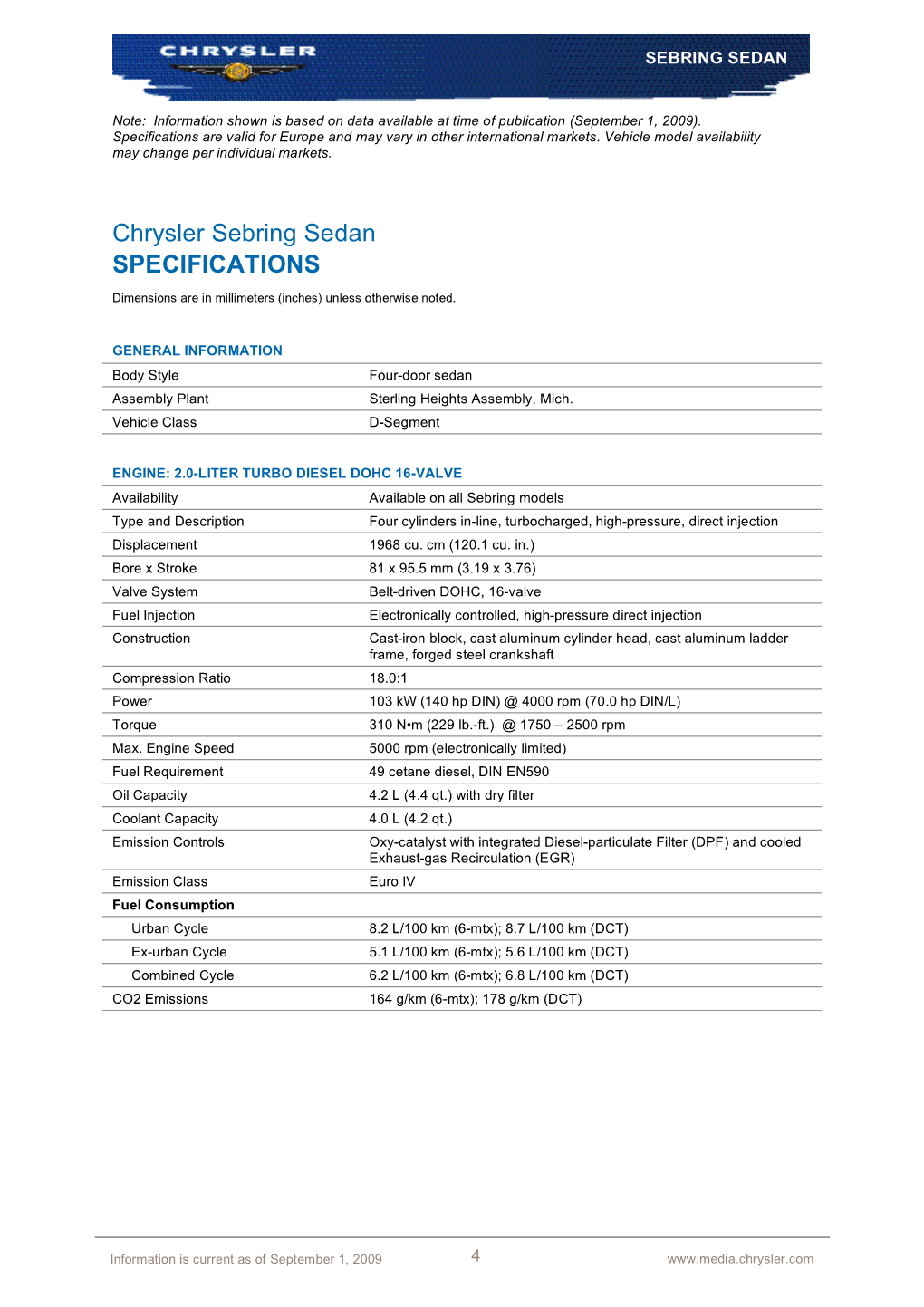 Chrysler Sebring Sedan SPECIFICATIONS