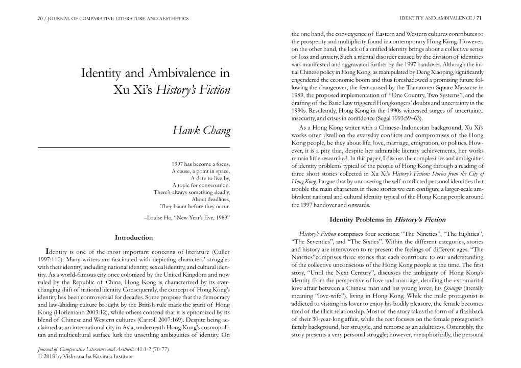 Identity and Ambivalence in Xu Xi's History's Fiction