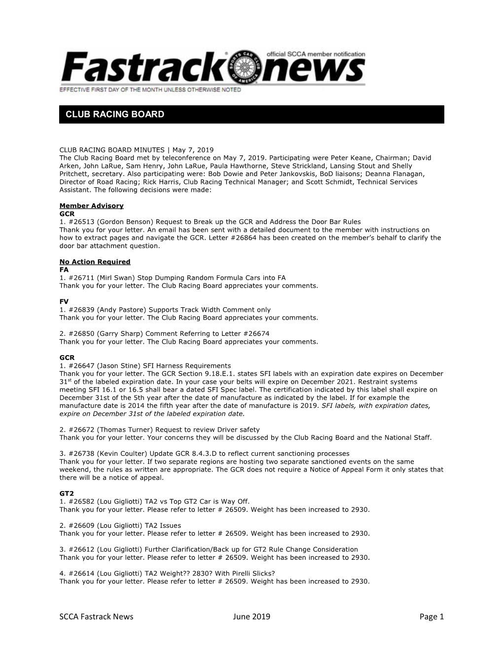 SCCA Fastrack News June 2019 Page 1 CLUB RACING BOARD