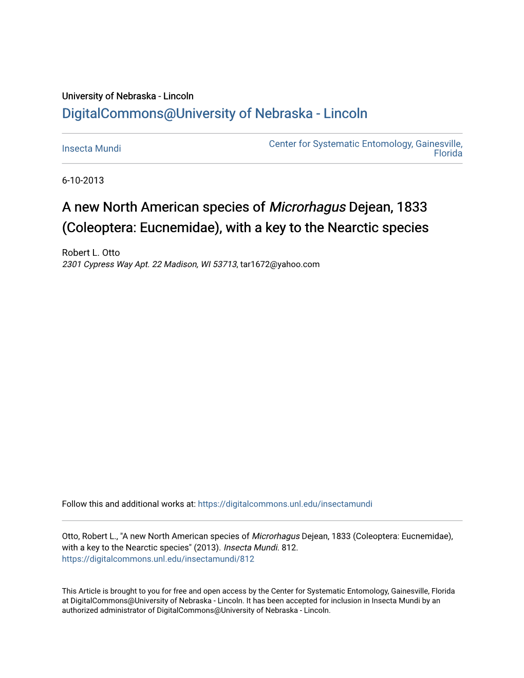 A New North American Species of Microrhagus Dejean, 1833 (Coleoptera: Eucnemidae), with a Key to the Nearctic Species