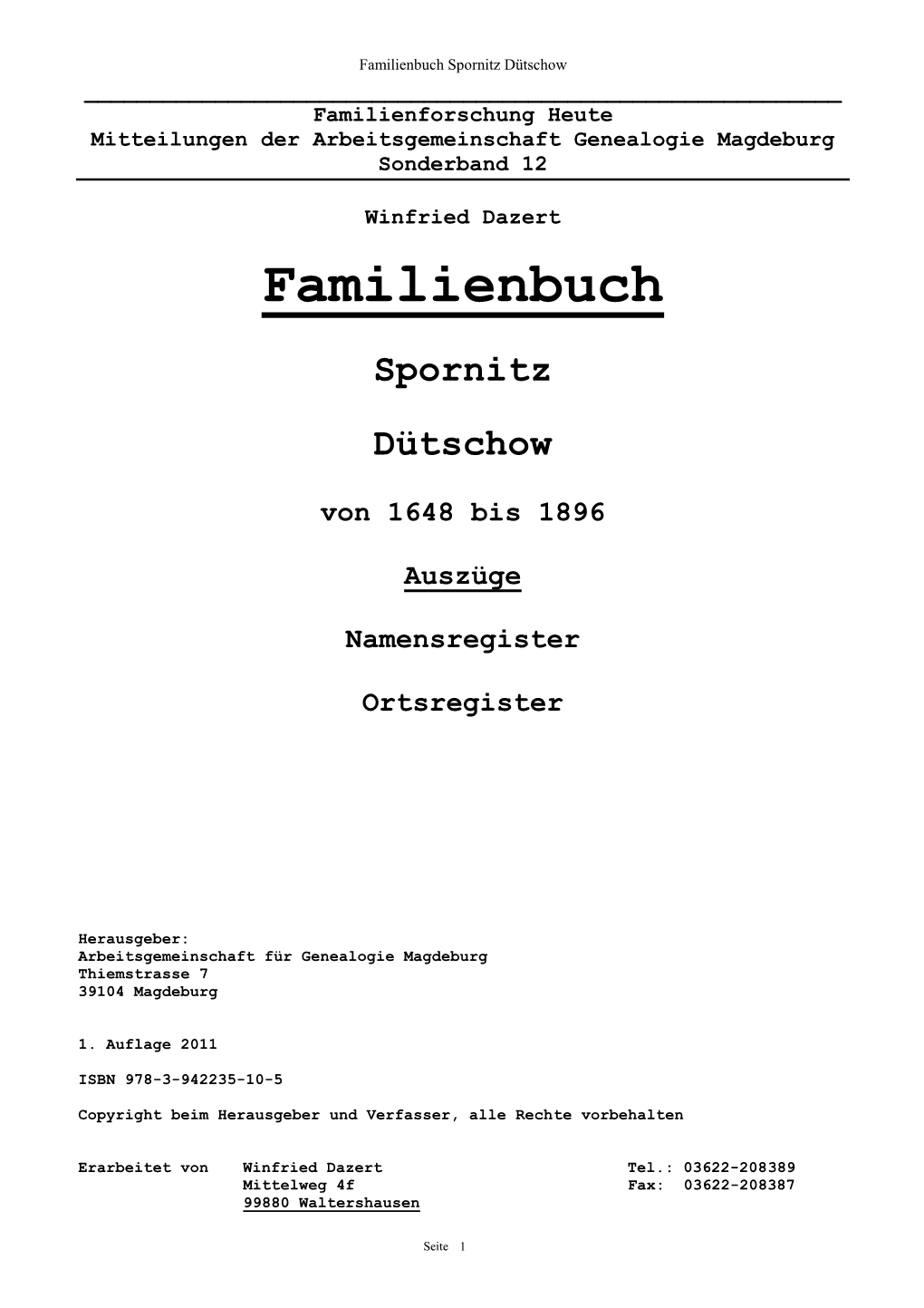 Familienbuch Spornitz Dütschow ______Familienforschung Heute Mitteilungen Der Arbeitsgemeinschaft Genealogie Magdeburg Sonderband 12