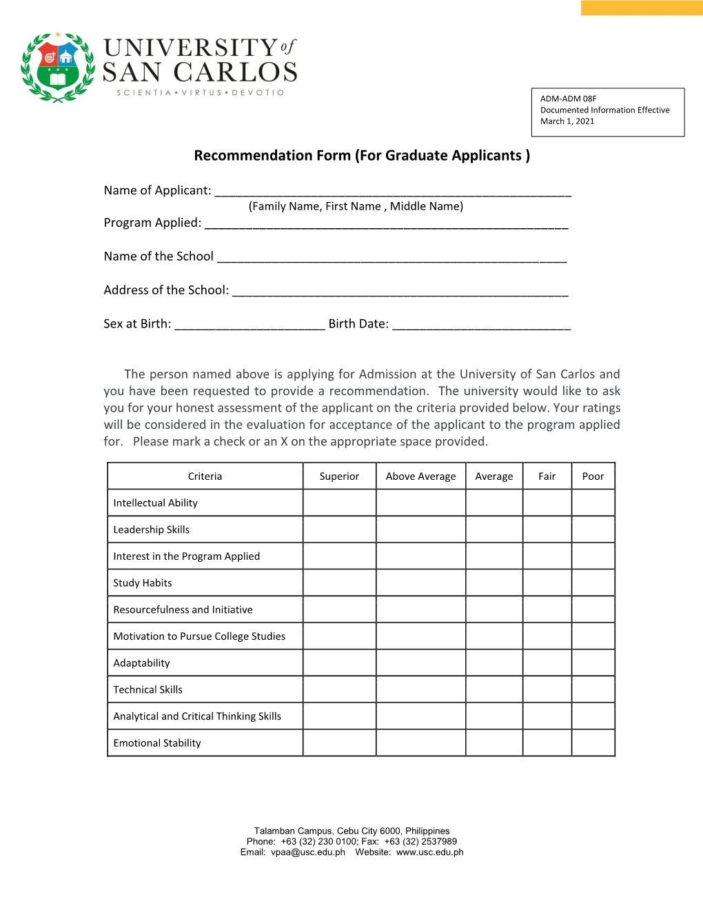 Recommendation Form (For Graduate Applicants )