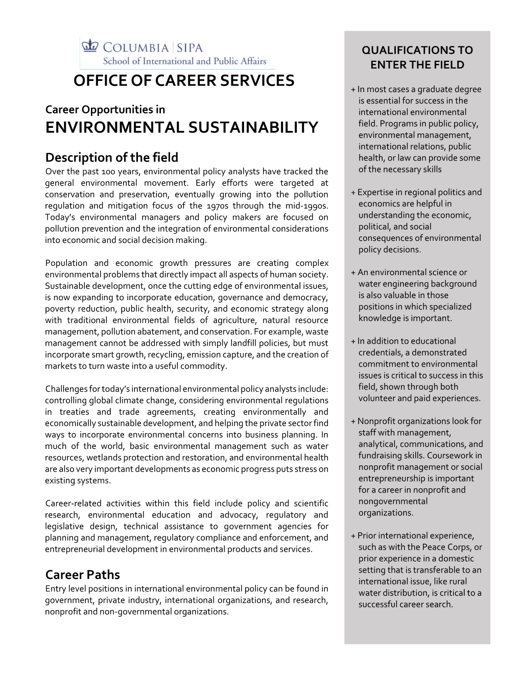 Office of Career Services Environmental Sustainability