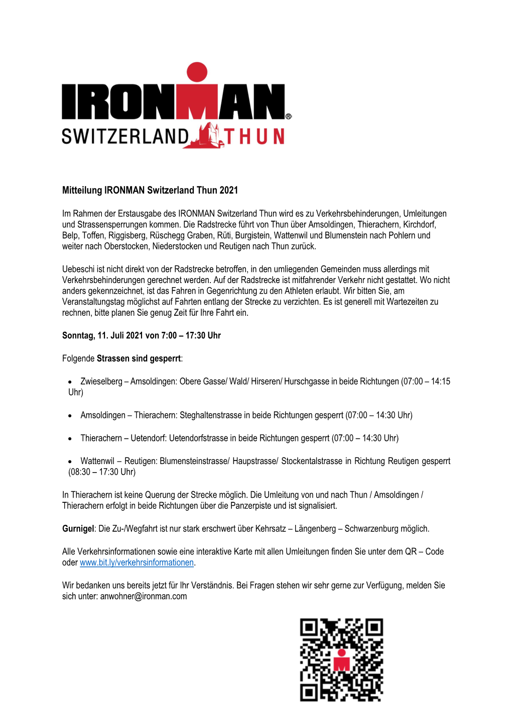 Mitteilung IRONMAN Switzerland Thun 2021