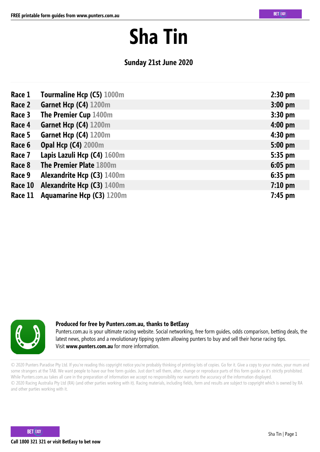 Sha Tin Printable Form Guide