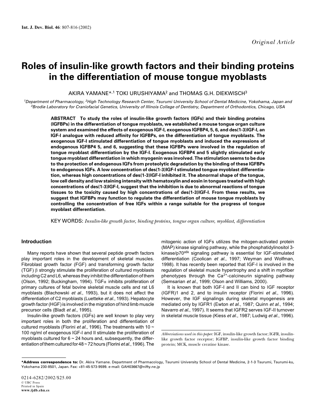 Roles of Insulin-Like Growth Factors and Their Binding Proteins in the Differentiation of Mouse Tongue Myoblasts