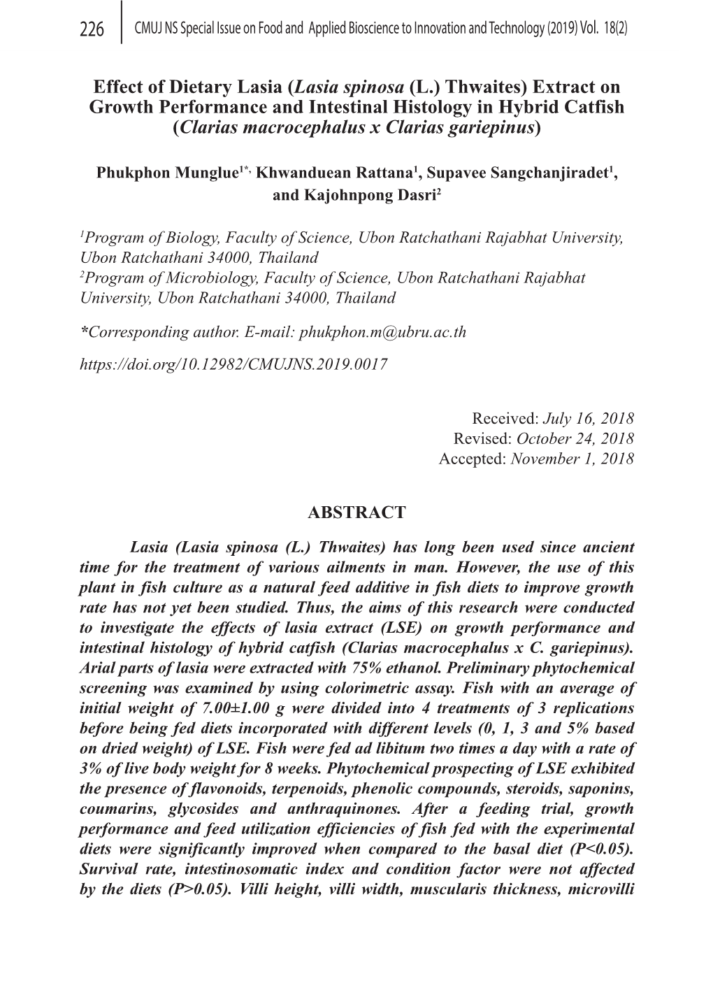 Lasia Spinosa (L.) Thwaites) Extract on Growth Performance and Intestinal Histology in Hybrid Catfish (Clarias Macrocephalus X Clarias Gariepinus