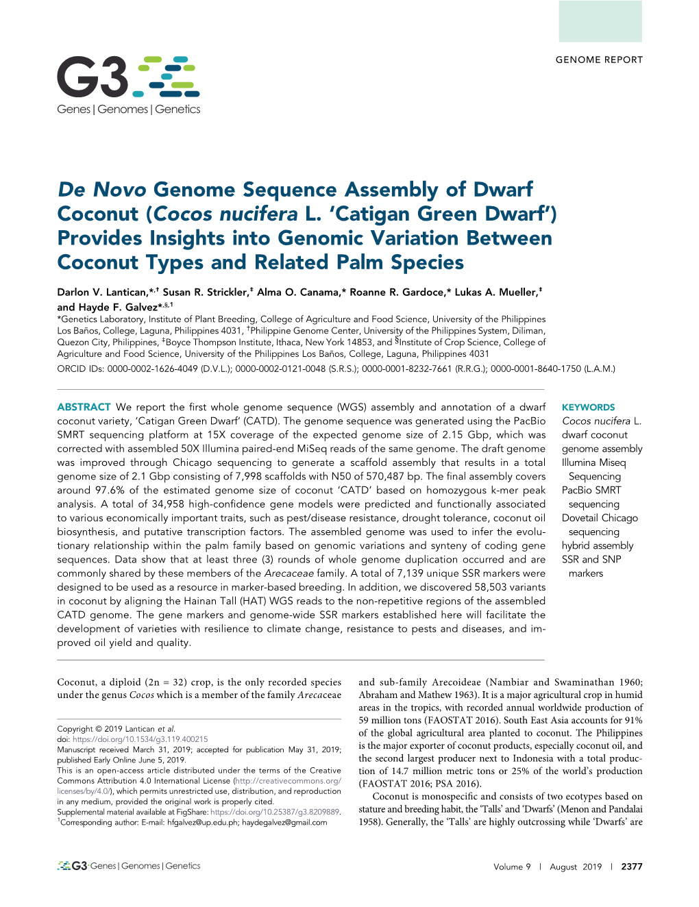 De Novo Genome Sequence Assembly of Dwarf Coconut (Cocos Nucifera L