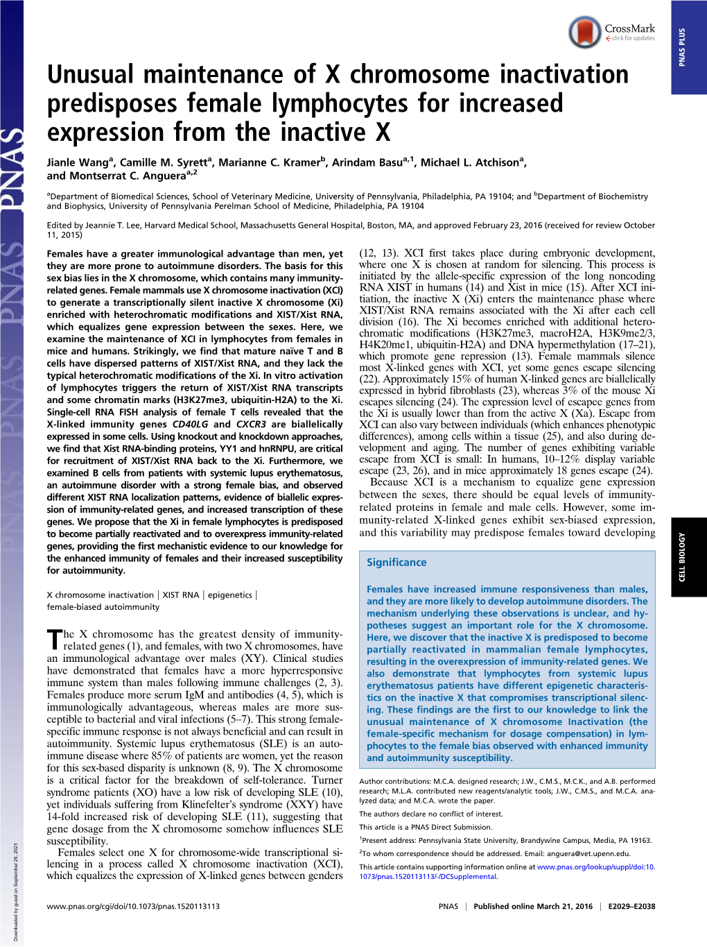 Unusual Maintenance of X Chromosome Inactivation PNAS PLUS Predisposes Female Lymphocytes for Increased Expression from the Inactive X