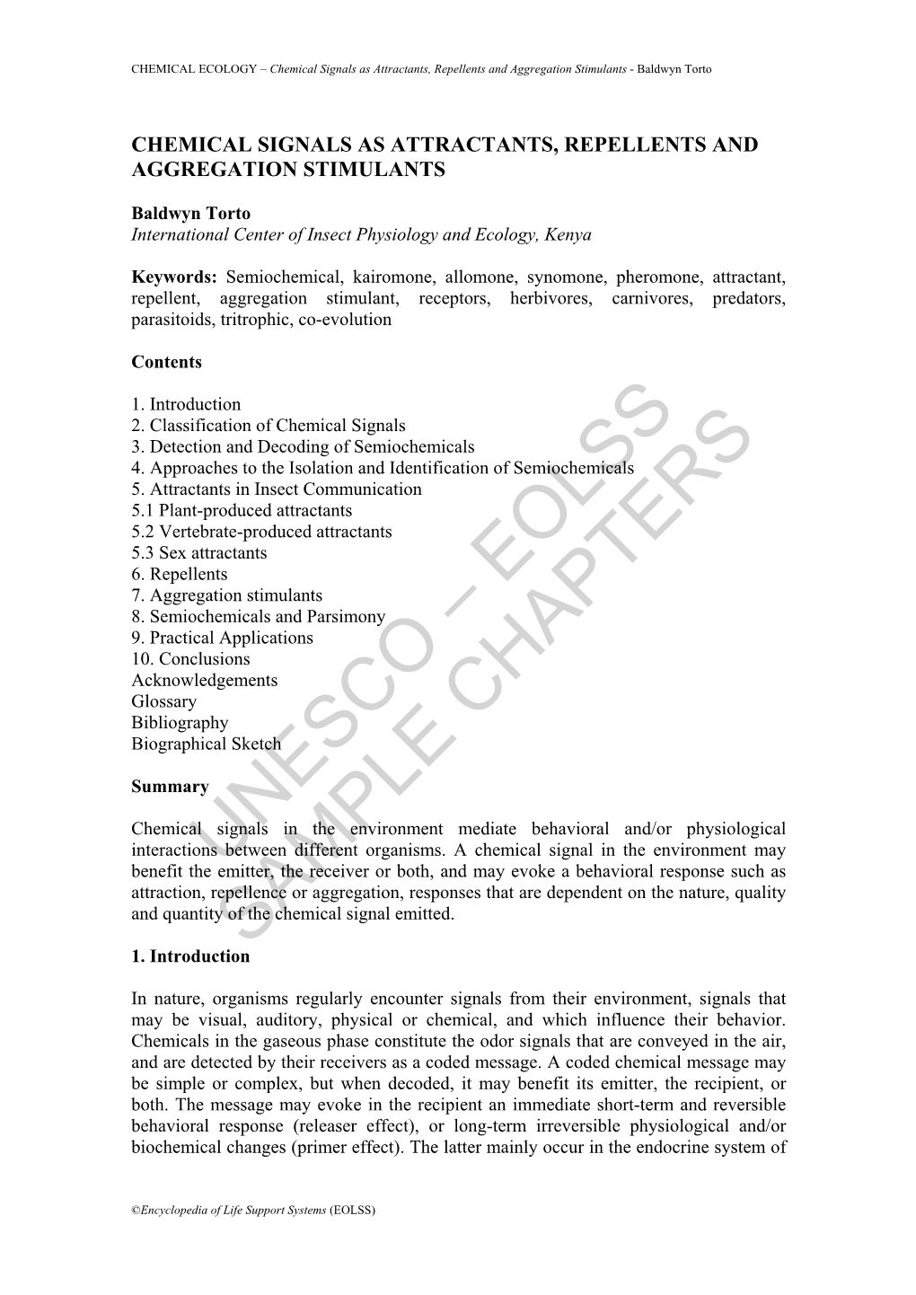 Chemical Signals As Attractants, Repellents and Aggregation Stimulants - Baldwyn Torto