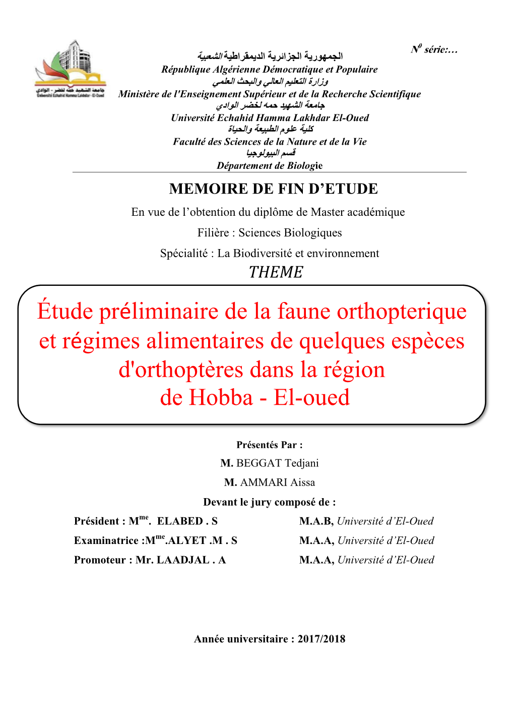 Étude Préliminaire De La Faune Orthopterique Et Régimes Alimentaires De Quelques Espèces D'orthoptères Dans La Région De H