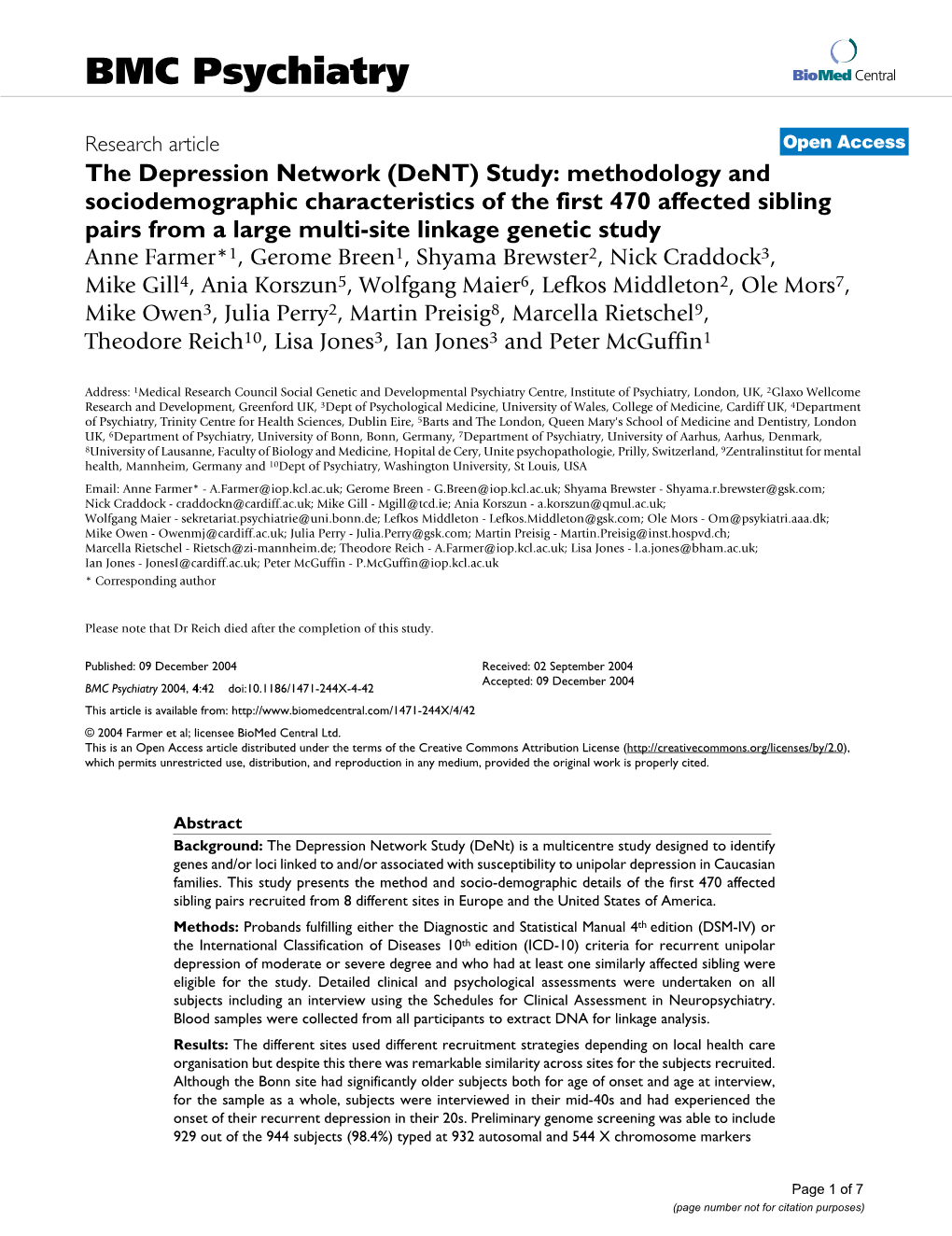 The Depression Network (Dent) Study: Methodology And