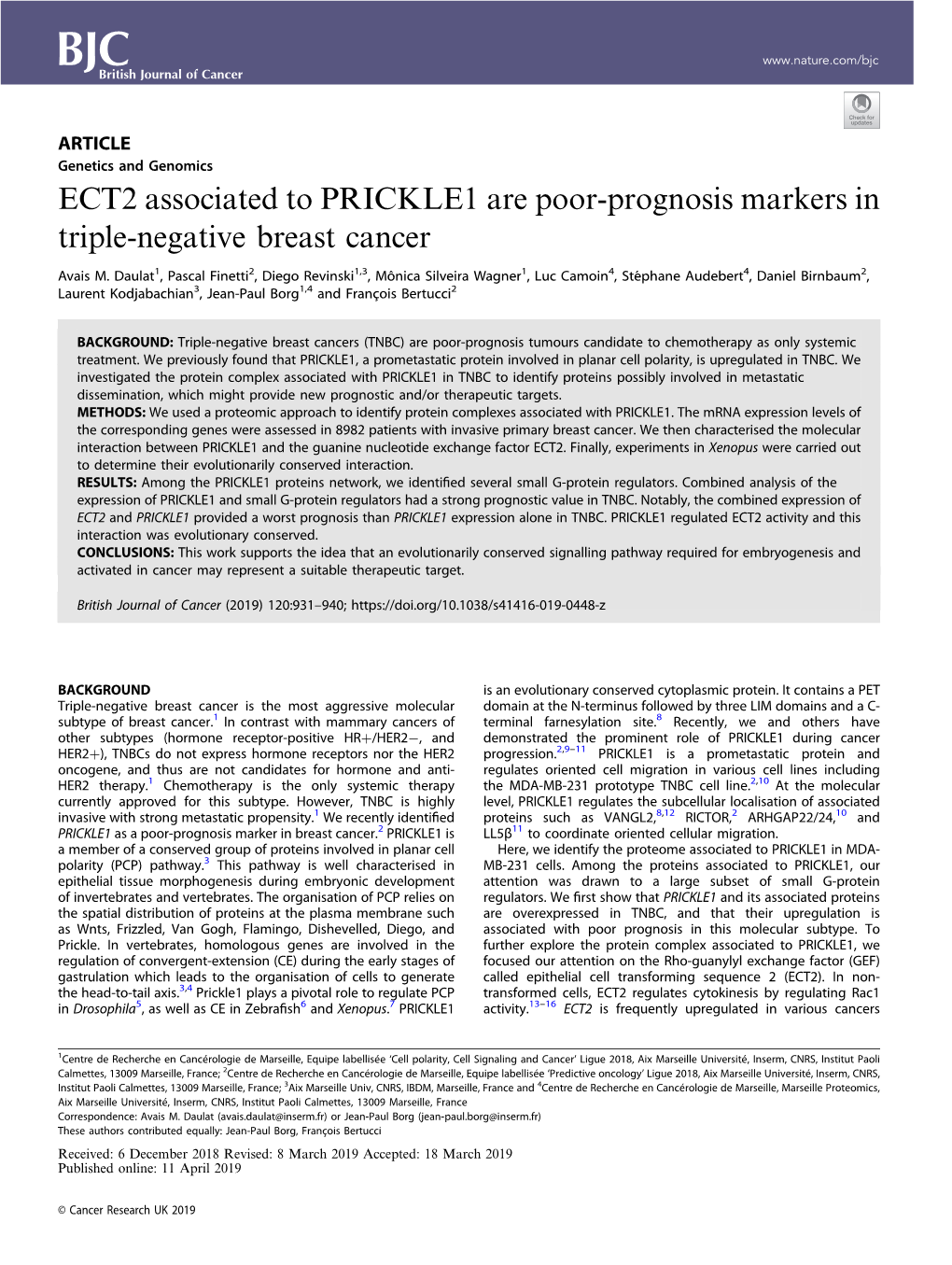 ECT2 Associated to PRICKLE1 Are Poor-Prognosis Markers in Triple-Negative Breast Cancer