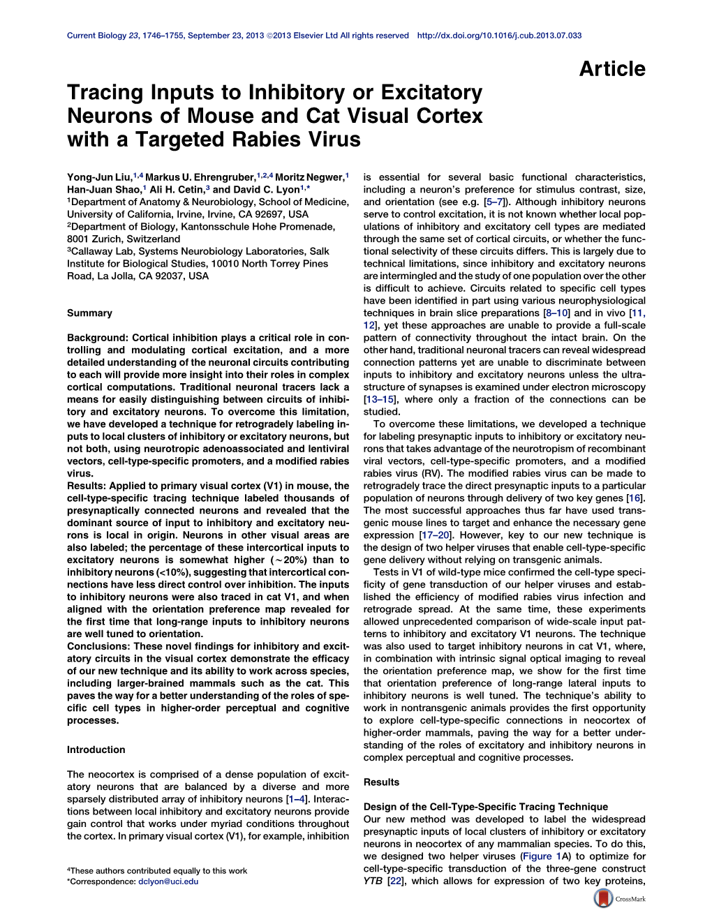 Tracing Inputs to Inhibitory Or Excitatory Neurons of Mouse and Cat Visual Cortex with a Targeted Rabies Virus