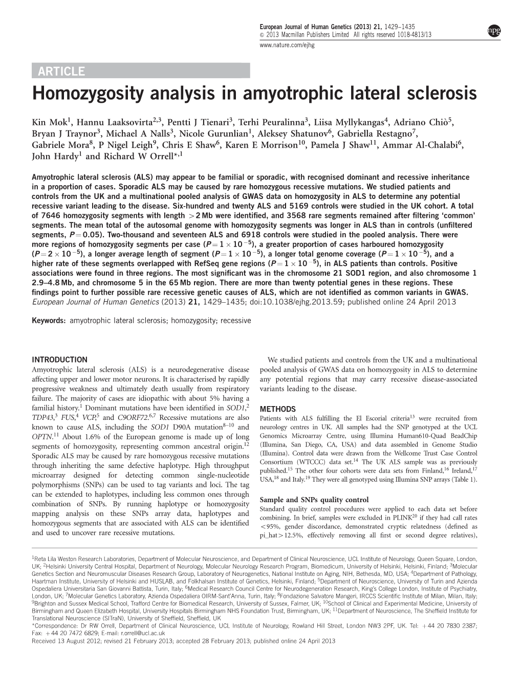 Homozygosity Analysis in Amyotrophic Lateral Sclerosis