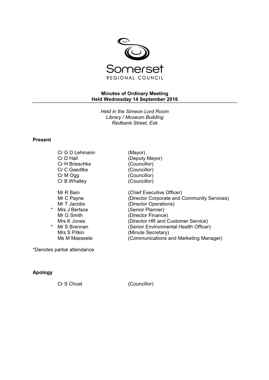 Minutes of Ordinary Meeting Held Wednesday 14 September 2016