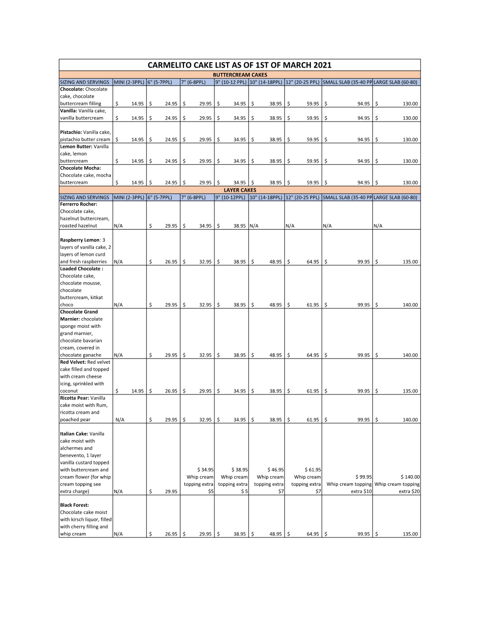 Carmelito Cake List