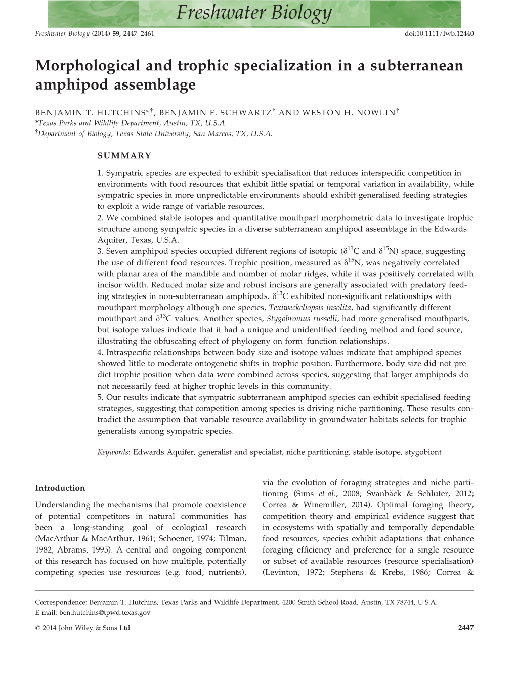 Morphological and Trophic Specialization in a Subterranean Amphipod Assemblage