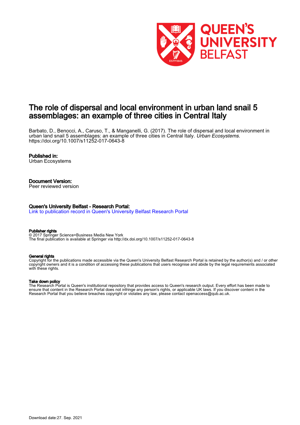 The Role of Dispersal and Local Environment in Urban Land Snail 5 Assemblages: an Example of Three Cities in Central Italy