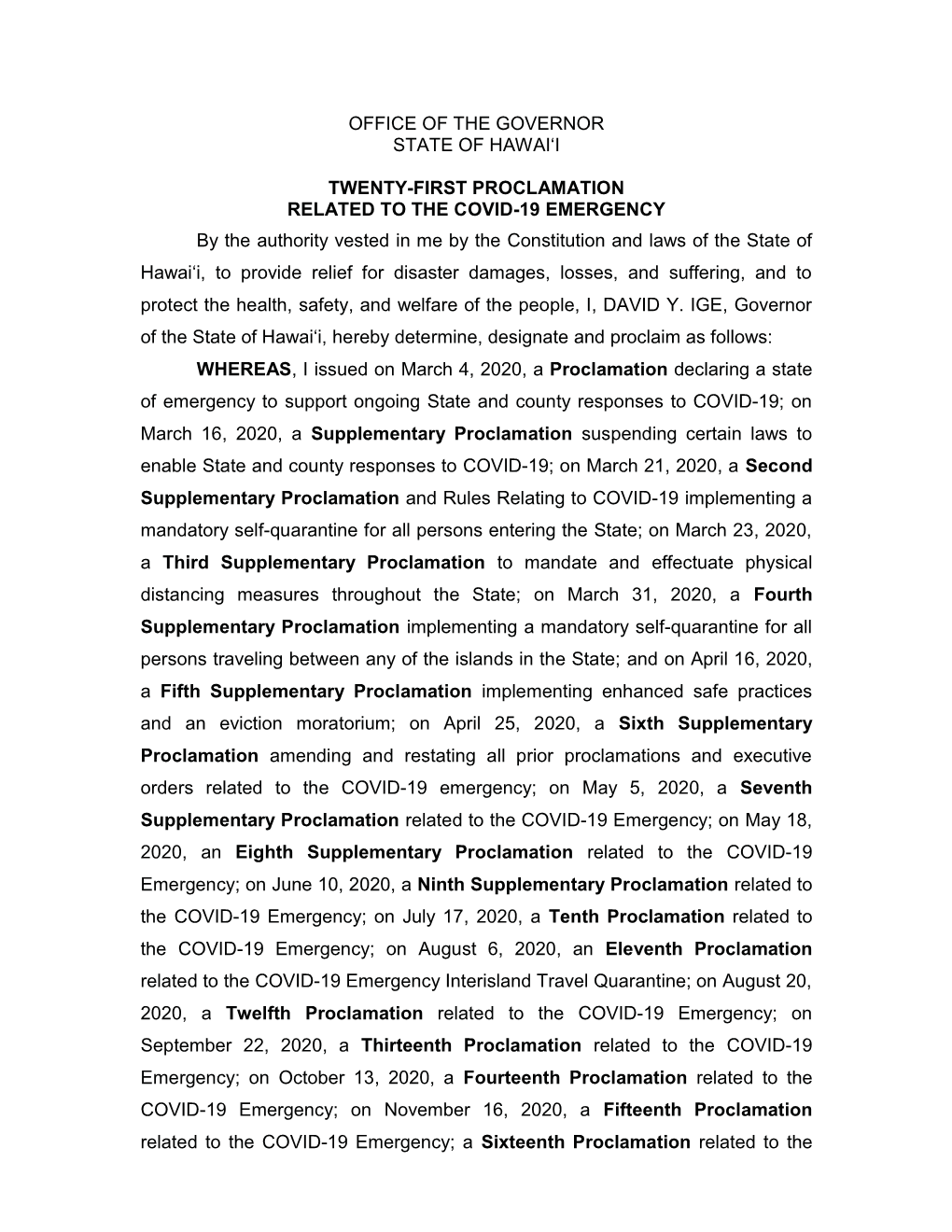 Twenty-First Proclamation Related to the COVID-19 Emergency