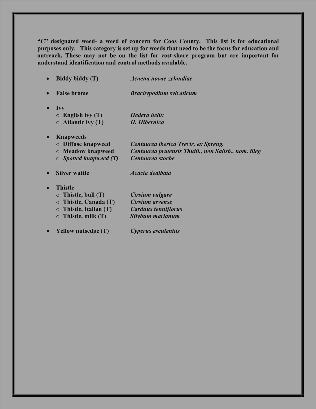 List Noxious Weed Profiles and Control