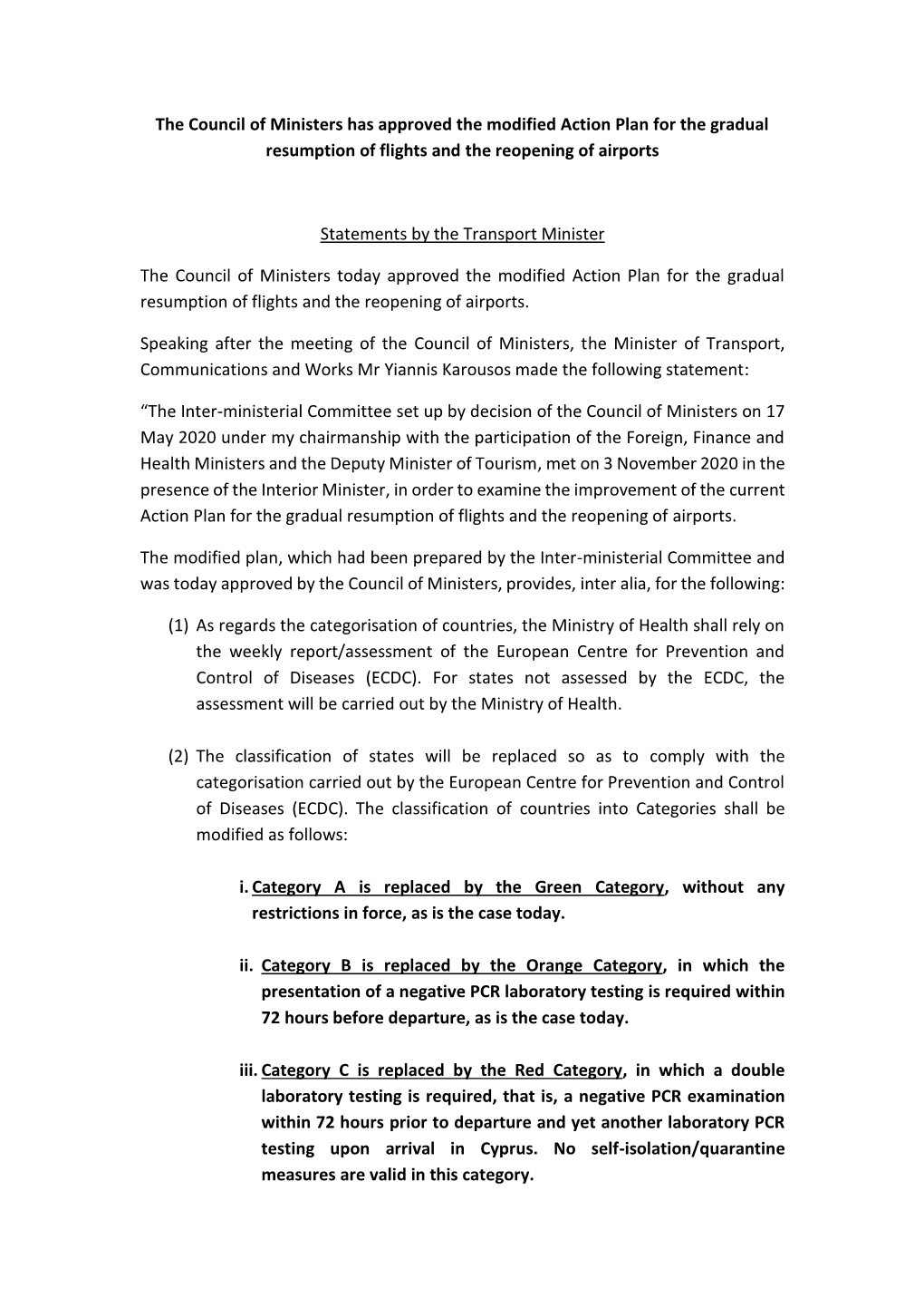 The Council of Ministers Has Approved the Modified Action Plan for the Gradual Resumption of Flights and the Reopening of Airports