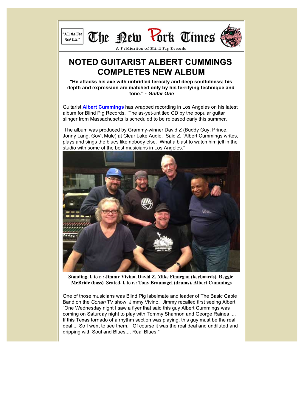 Noted Guitarist Albert Cummings Completes New Album