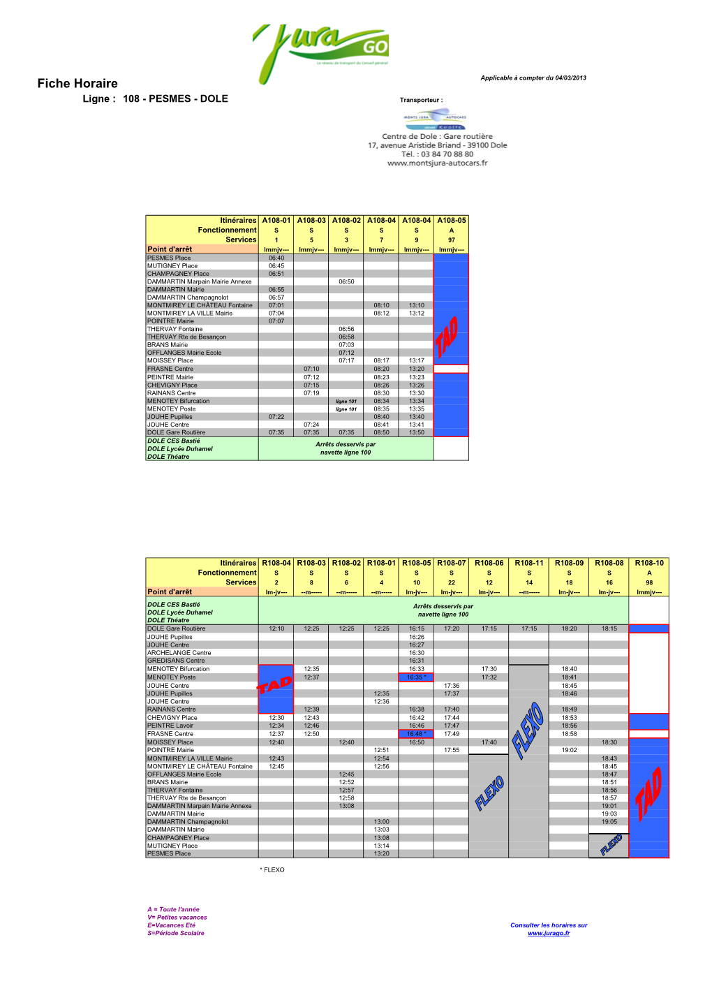 Fiche Horaire Applicable À Compter Du 04/03/2013 Ligne : 108 - PESMES - DOLE Transporteur