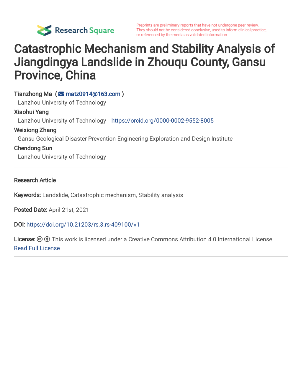 Catastrophic Mechanism and Stability Analysis of Jiangdingya Landslide in Zhouqu County, Gansu Province, China