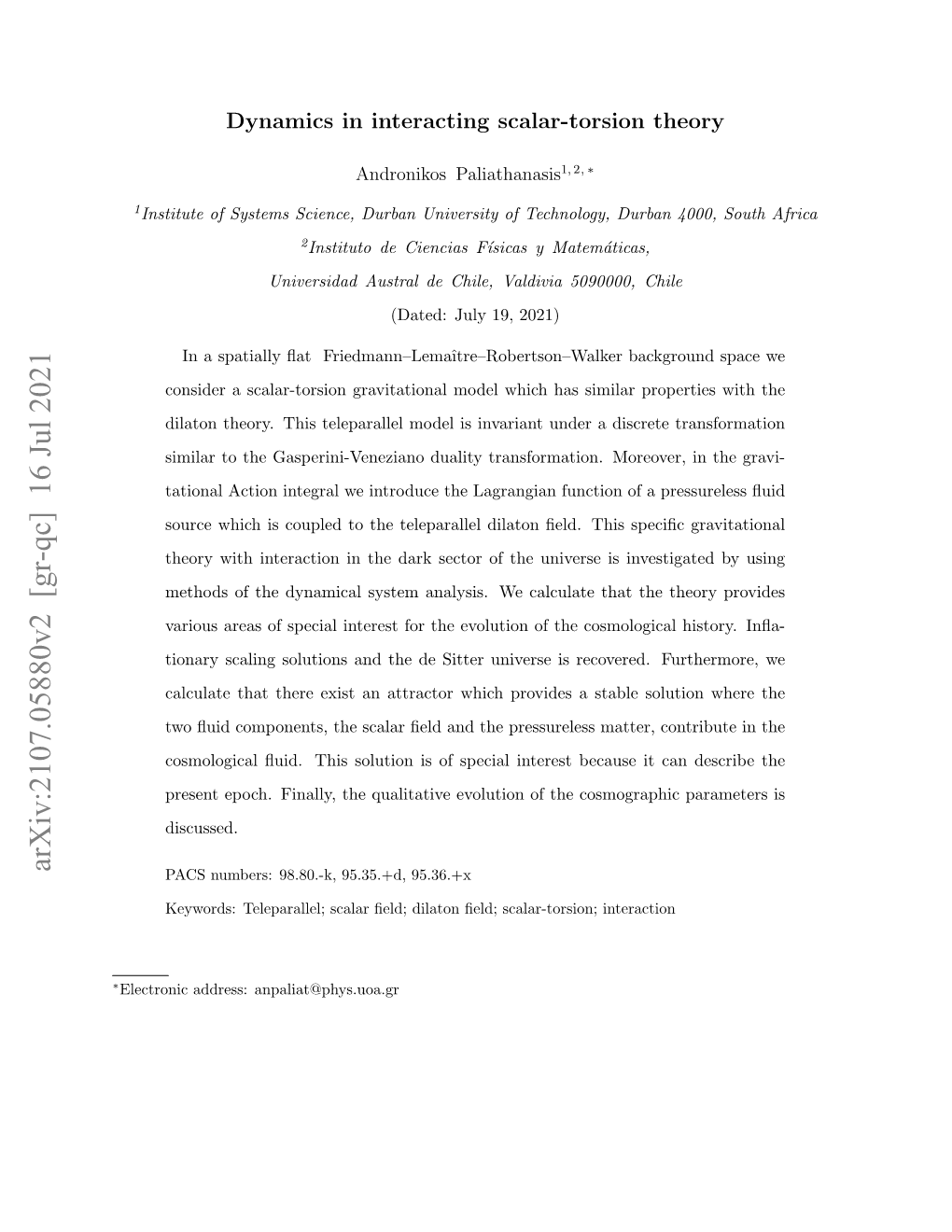 Arxiv:2107.05880V2 [Gr-Qc] 16 Jul 2021 PACS Numbers: 98.80.-K, 95.35.+D, 95.36.+X