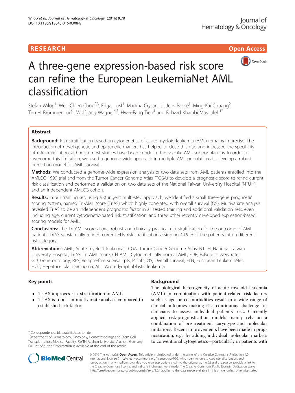 A Three-Gene Expression-Based Risk Score Can Refine the European Leukemianet AML Classification