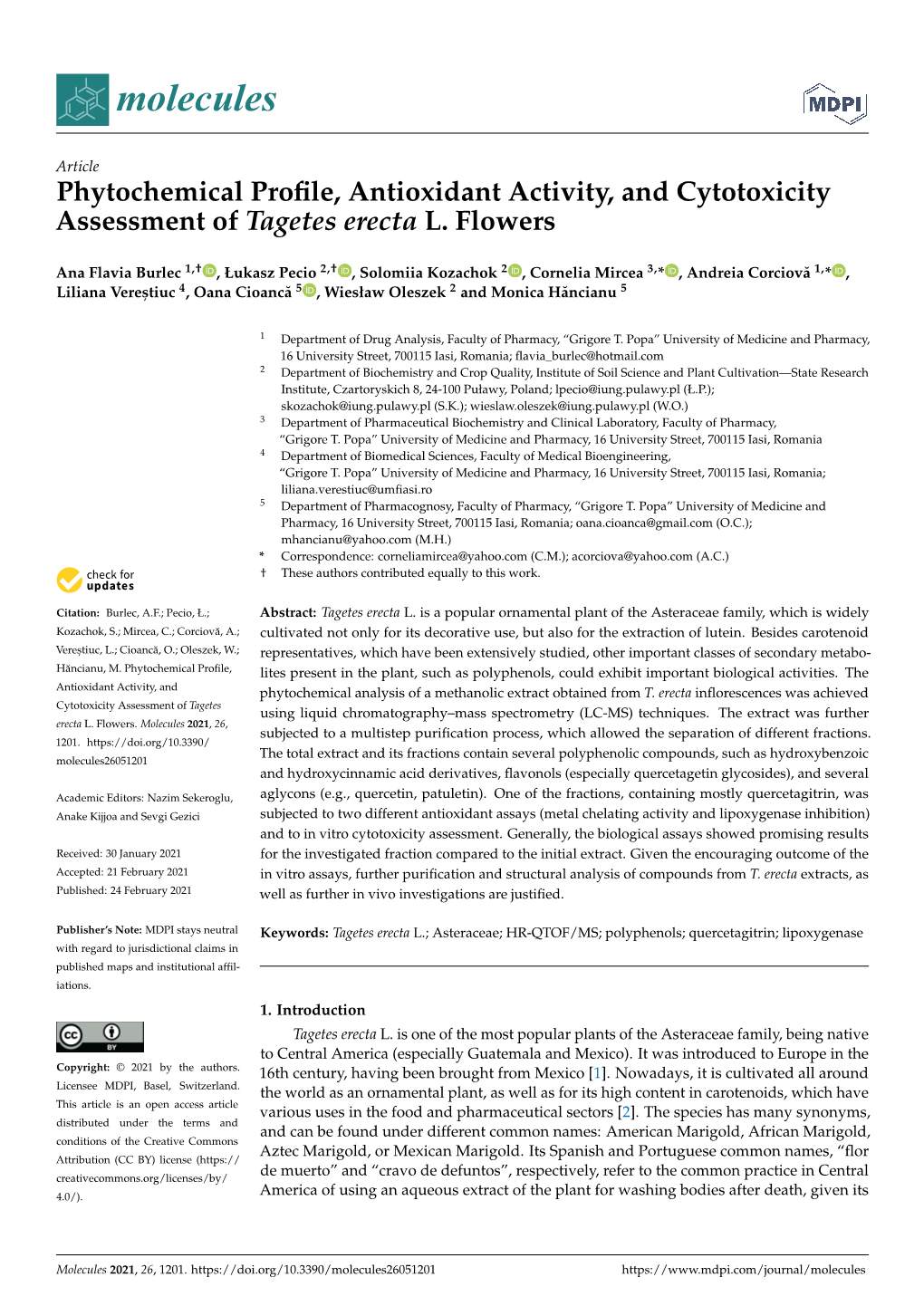 Phytochemical Profile, Antioxidant Activity, and Cytotoxicity Assessment of Tagetes Erecta L. Flowers