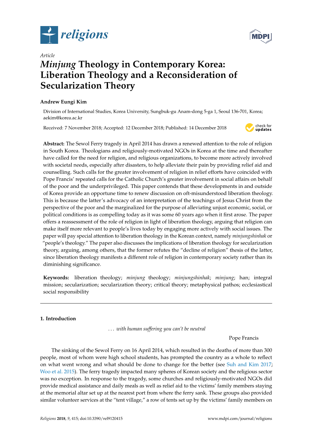 Minjung Theology in Contemporary Korea: Liberation Theology and a Reconsideration of Secularization Theory