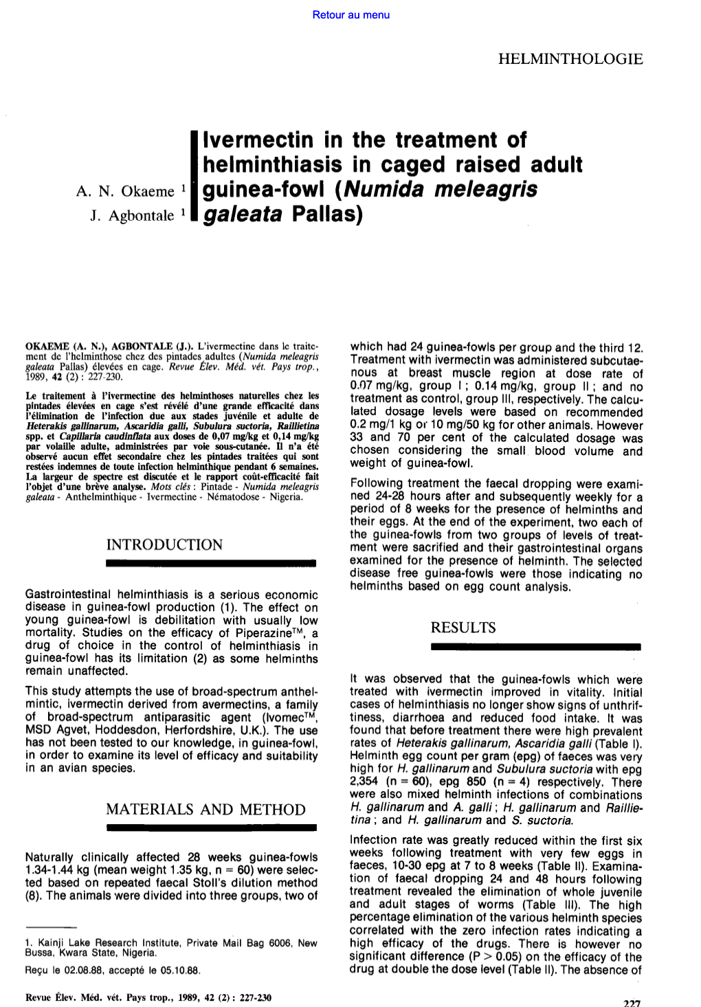 Ivermectin in the Treatment of Helminthiasis in Caged Raised Adult A