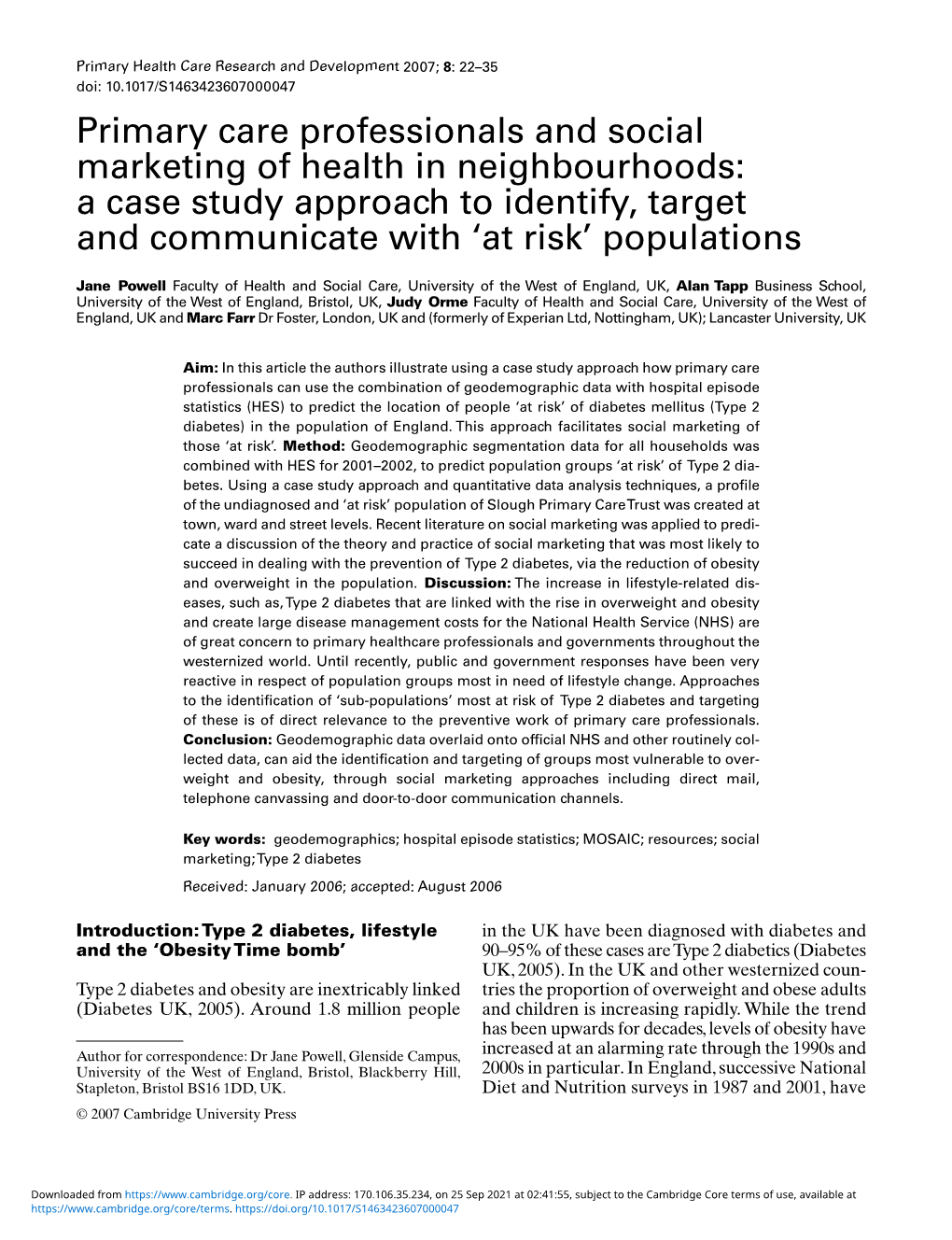 Primary Care Professionals and Social Marketing of Health in Neighbourhoods: a Case Study Approach to Identify, Target and Communicate with ‘At Risk’ Populations