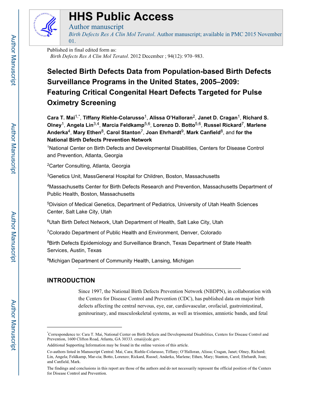 Selected Birth Defects Data from Population-Based Birth Defects