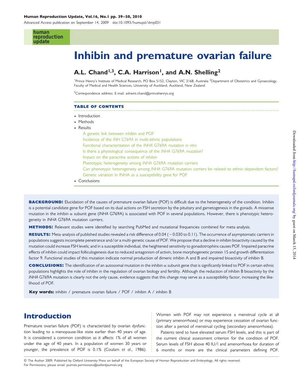 Inhibin and Premature Ovarian Failure