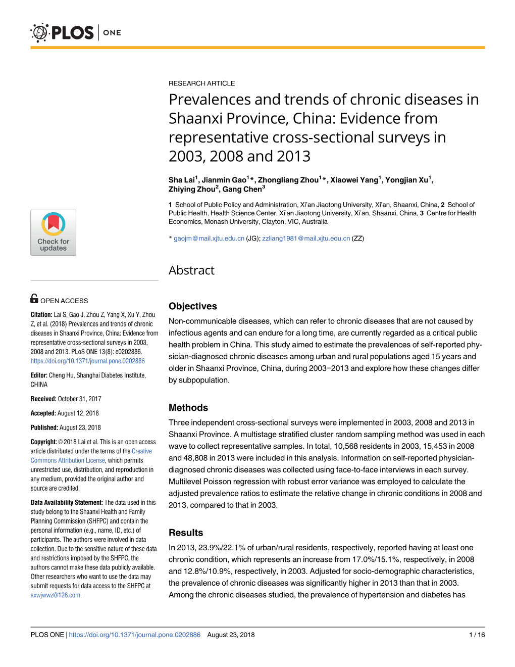 Prevalences and Trends of Chronic Diseases in Shaanxi Province, China: Evidence from Representative Cross-Sectional Surveys in 2003, 2008 and 2013