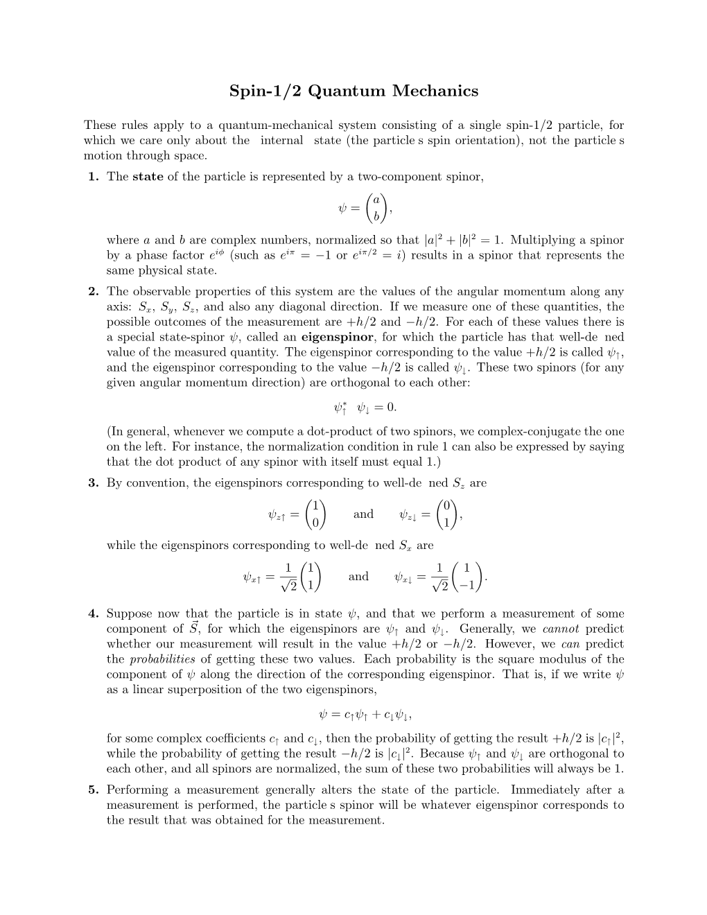 Spin-1/2 Quantum Mechanics Handout