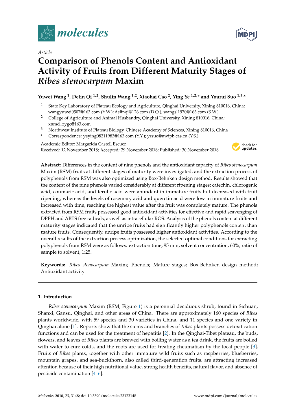 Comparison of Phenols Content and Antioxidant Activity of Fruits from Different Maturity Stages of Ribes Stenocarpum Maxim