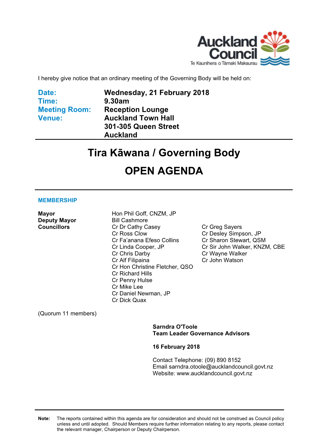 Agenda of Governing Body