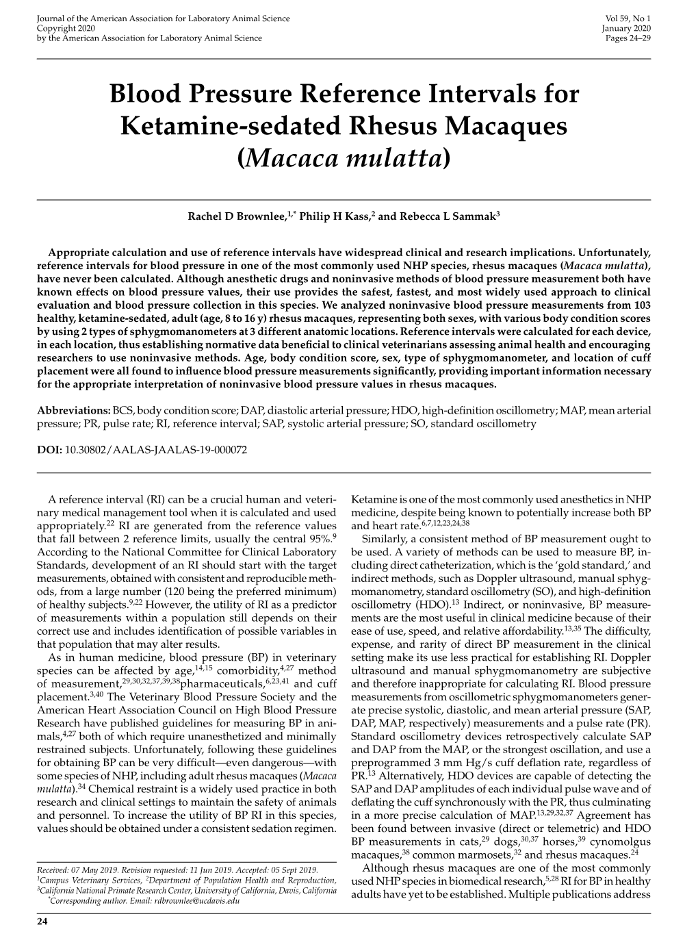 Blood Pressure Reference Intervals for Ketamine-Sedated Rhesus Macaques (&lt;I&gt;Macaca Mulatta&lt;/I&gt;)