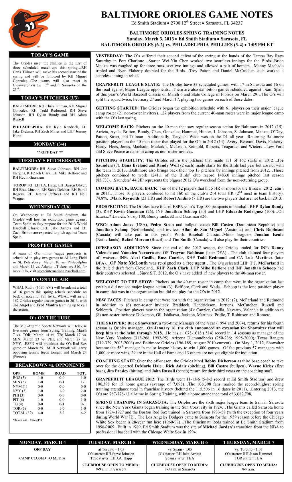 BALTIMORE ORIOLES GAME NOTES Ed Smith Stadium  2700 12Th Street  Sarasota, FL 34237