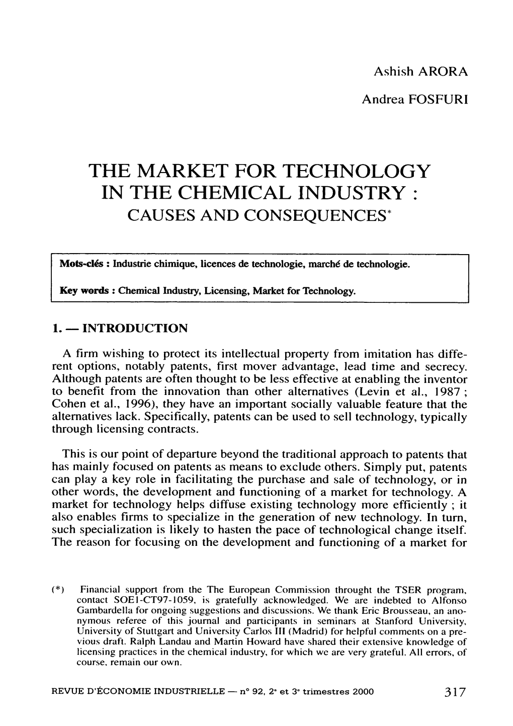 The Market for Technology in the Chemical Industry