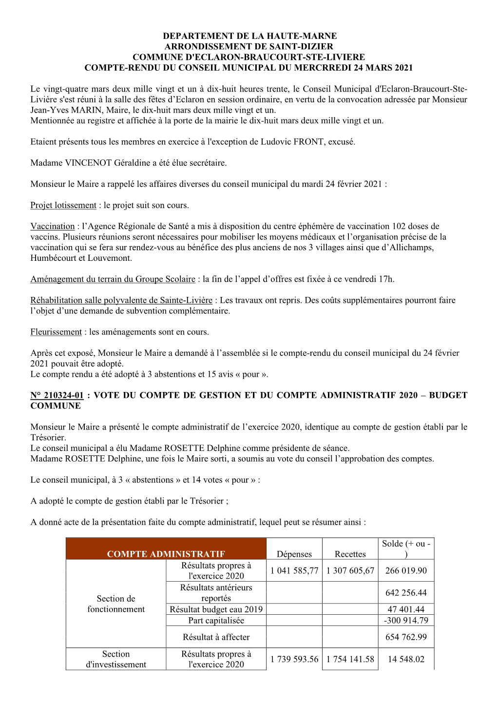 Departement De La Haute-Marne Arrondissement De Saint-Dizier Commune D'eclaron-Braucourt-Ste-Liviere Compte-Rendu Du Conseil Municipal Du Mercrredi 24 Mars 2021